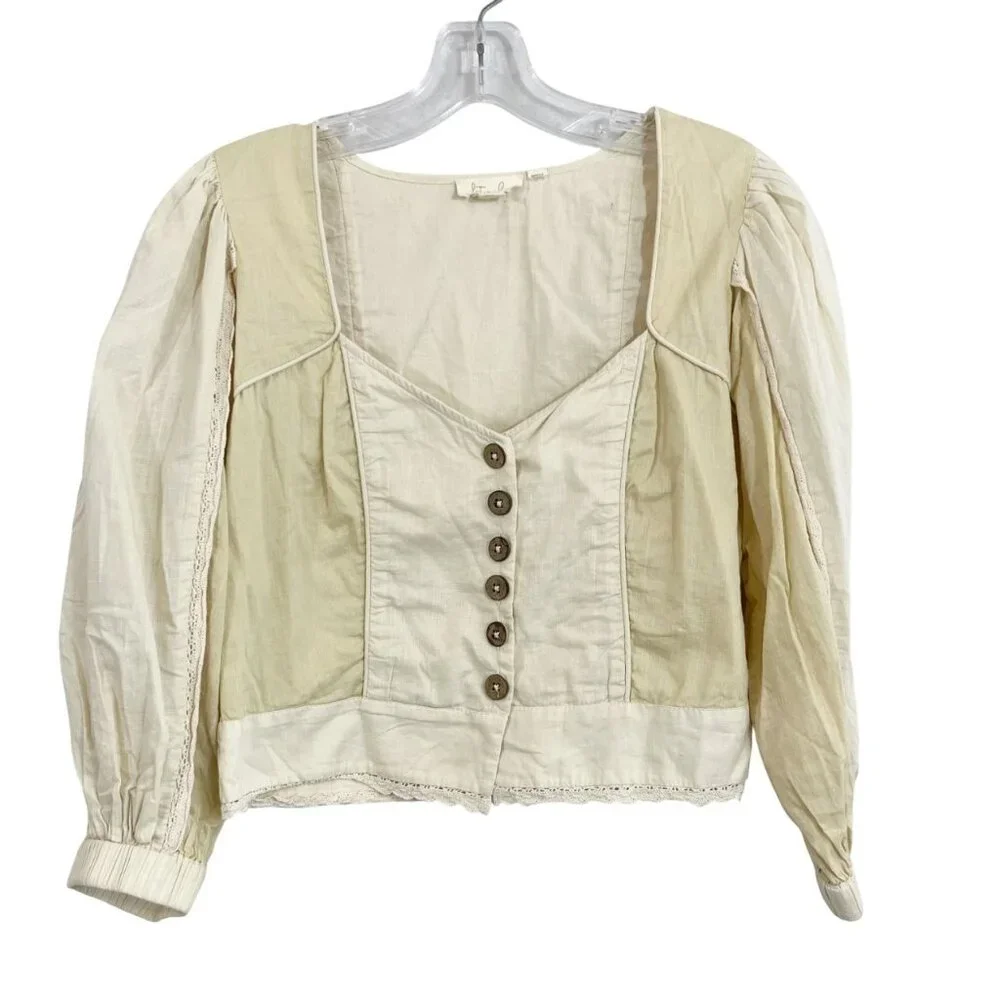 Anthropologie Let Me Be Cream Puff Sleeve Sweetheart Crop Top Buttons - Size XS‎